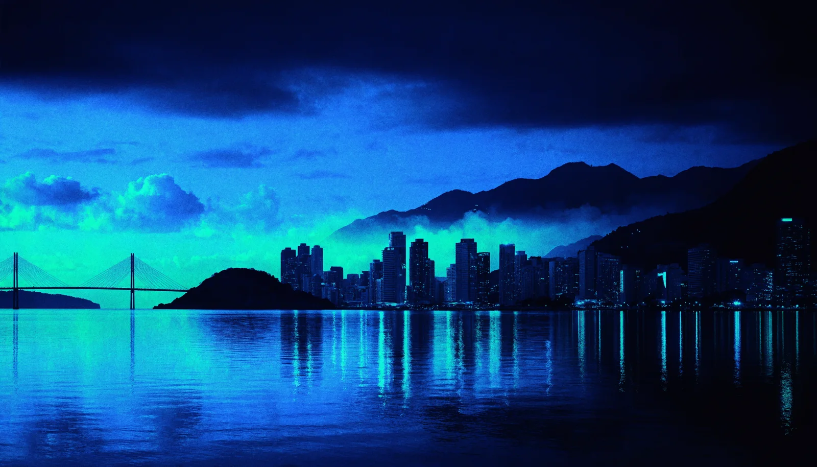Skyline costeiro em duotone azul e verde — Vitória, Espírito Santo, casa da Turbo